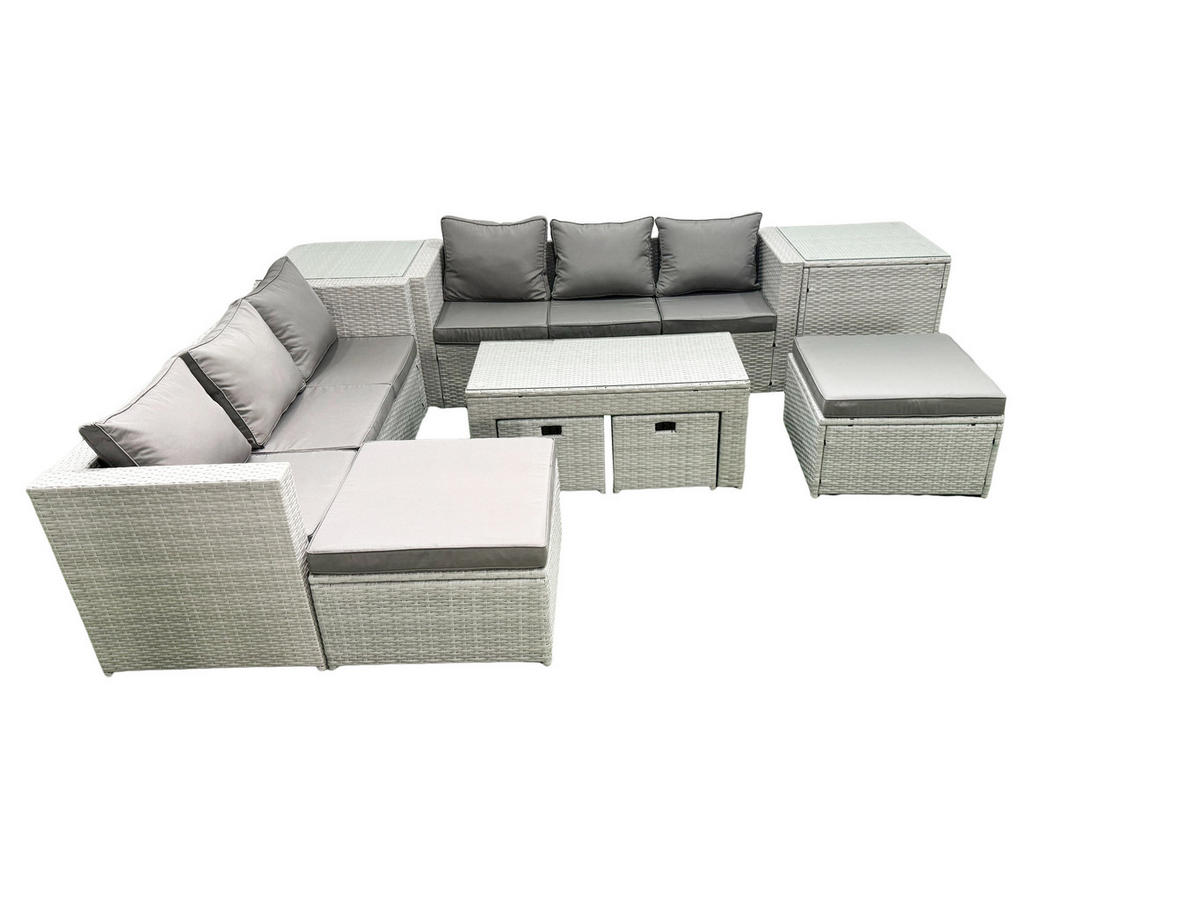BALKONMÖBEL-SET Polyrattan Hellgrau-Mix 10-teilig - Hellgrau/Grau, Glas/Kunststoff - Fimous