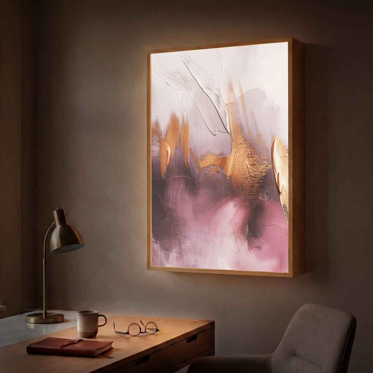 NÁSTĚNNÁ LAMPA S AKUMULÁTOREM Fialová - abstraktní - barva - zlatá 60x90 cm - světle fialová, kompozitní dřevo (60/90/8cm) - OnlyWow