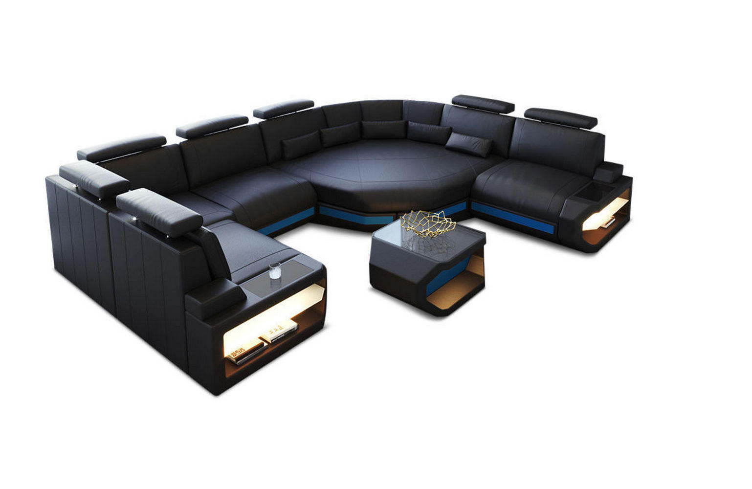 WOHNLANDSCHAFT Asti U Mini - Blau/Schwarz, Leder (352/93/280cm) - Sofa Dreams