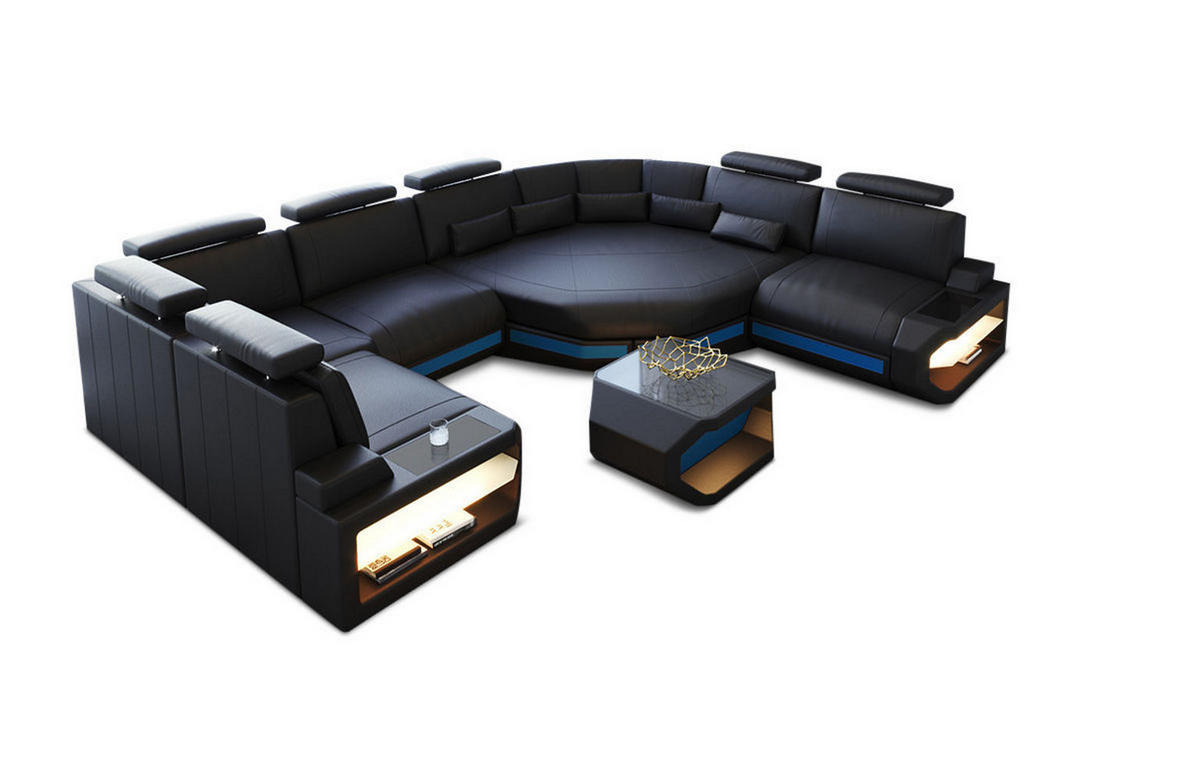 WOHNLANDSCHAFT Asti U Mini - Blau/Schwarz, Leder (352/93/280cm) - Sofa Dreams