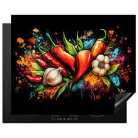 HERABDECKPLATTE - Gemüse - Paprika - Knoblauch - Graffiti - Farbe - Bunt - 65x55 - Rot, Kunststoff (65/55/0.2cm) - MuchoWow