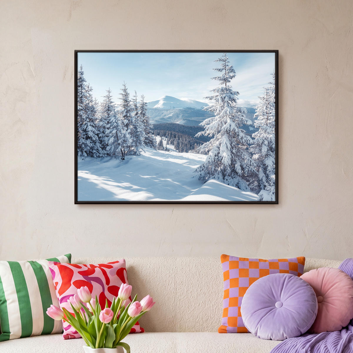 LEINWAND Bilder mit Rahmen - Winterlandschaft - Natur - Berge - Bäume - Schnee - 70x50 - Hellblau, Textil (70/50cm) - MuchoWow