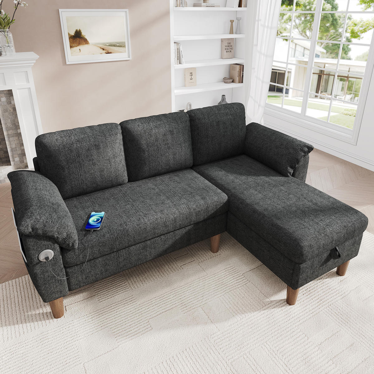 ECKSOFA 181/125/88 cm Dunkelgrau mit Stauraum-Chaiselongue und USB/Type-C-Ladeanschluss - Dunkelgrau, Textil (181/125cm) - Oxeza
