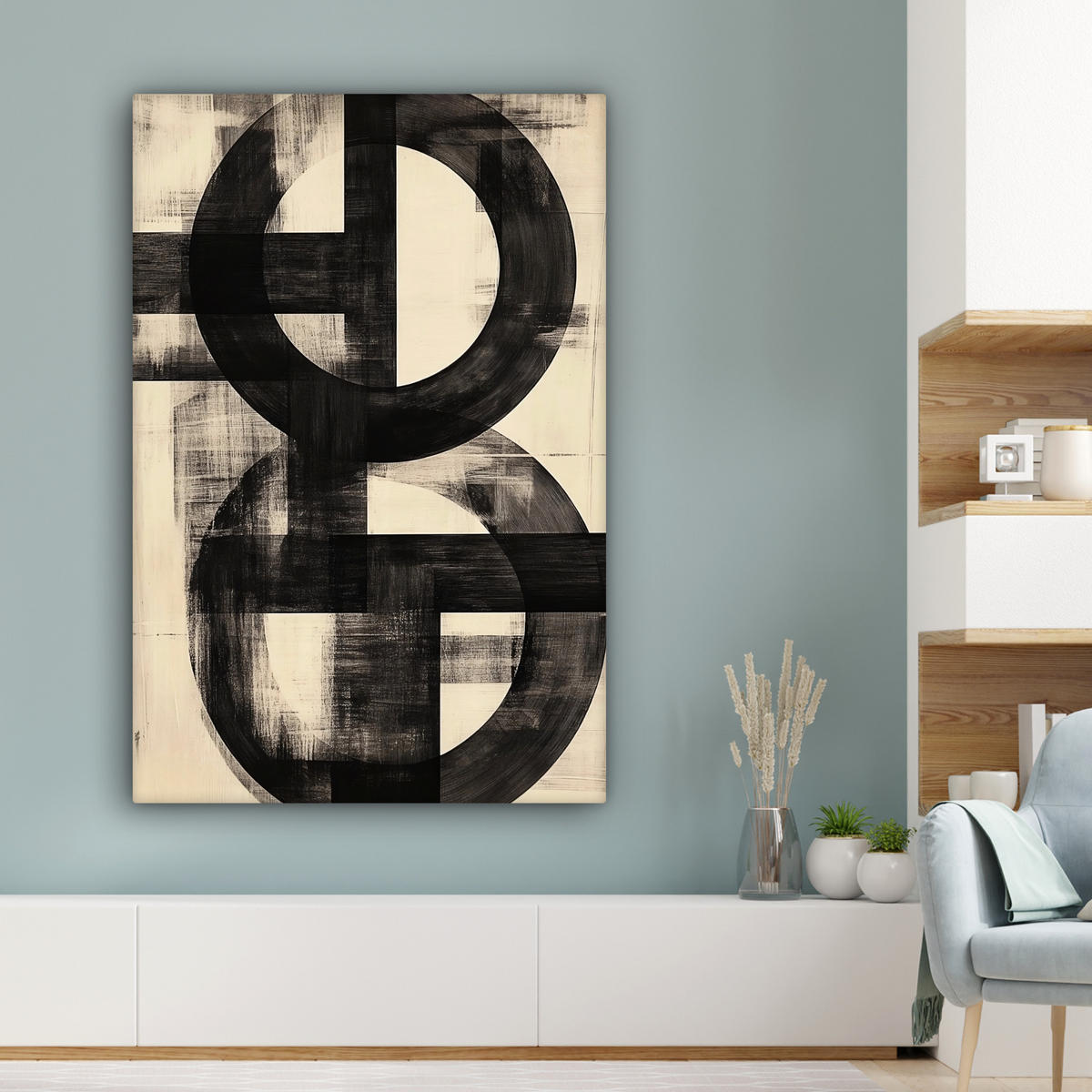 LEINWANDBILD Kreise - Balken - Schwarz - Abstrakt Deko XXL 80x120 cm - Schwarz, Textil (80/120cm) - MuchoWow