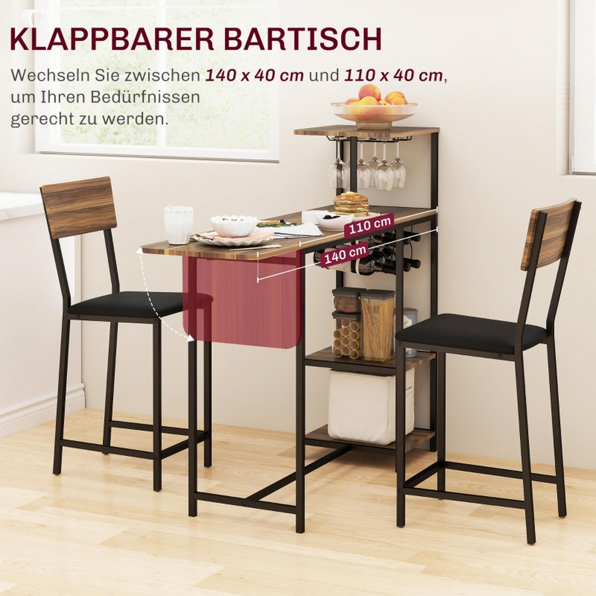 BARTISCH-SET DE-39295 ausziehbarer 140/40 cm Tisch mit 2 Hockern Braun - Braun, Metall (140/116/40cm) - ComfortXL