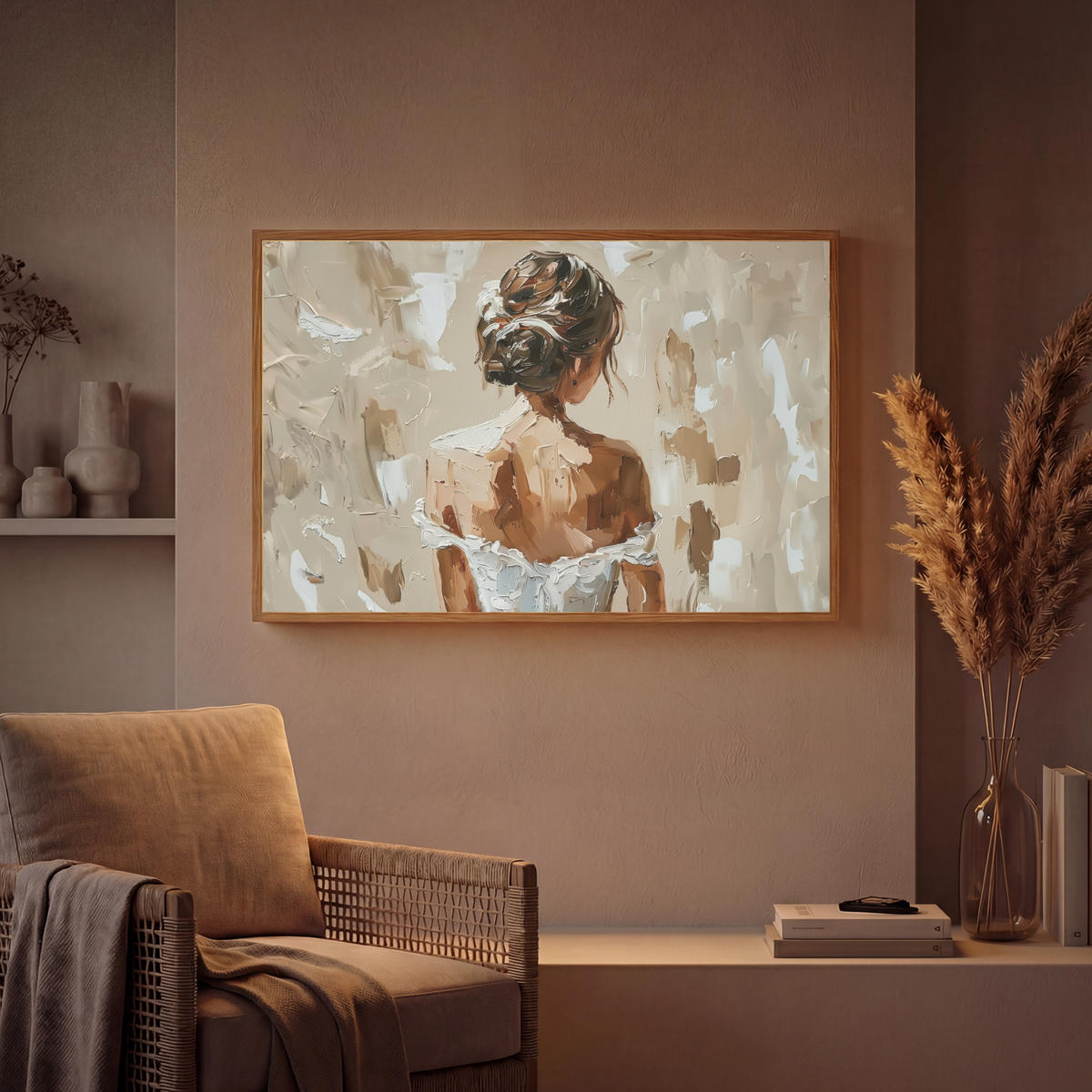NÁSTĚNNÁ LAMPA S AKUMULÁTOREM Žena - malba - abstraktní - béžová - moderní 100x70 cm - světle hnědá, kompozitní dřevo (100/70/8cm) - OnlyWow