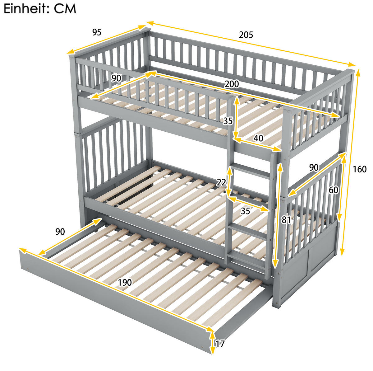 ETAGENBETT 90/200 cm mit Ausziehbett, abnehmbaren Liegeflächen und Treppe, Grau - Grau, Holzwerkstoff (90/200cm) - Redom