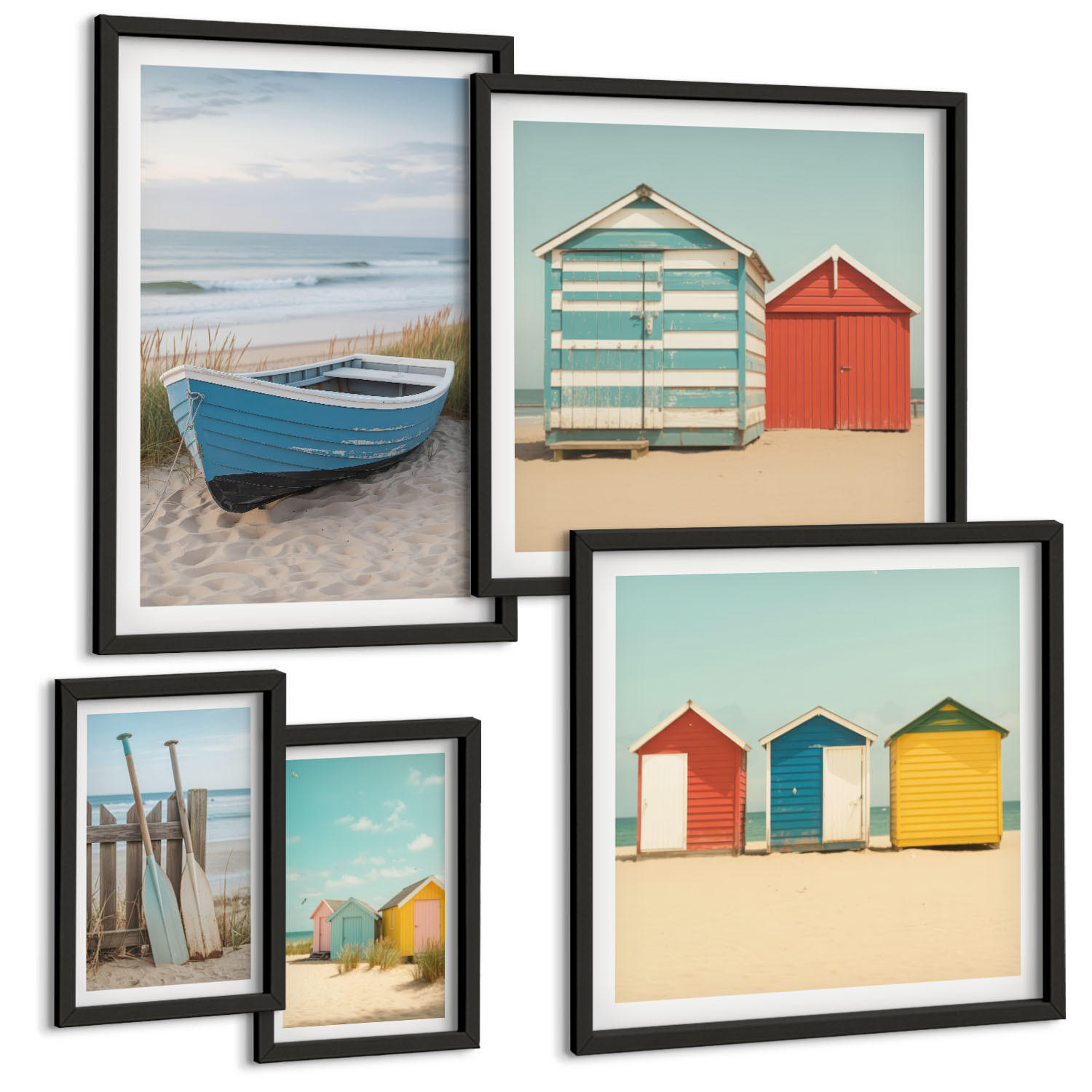 BILDER SET 5er Set - 50x50 cm & 20x30 cm & 40x60 cm Schwarzer Rahmen - Farbenfrohe Berge und Küstenstädte - Schwarz, Kunststoff (40/60cm) - TULUP