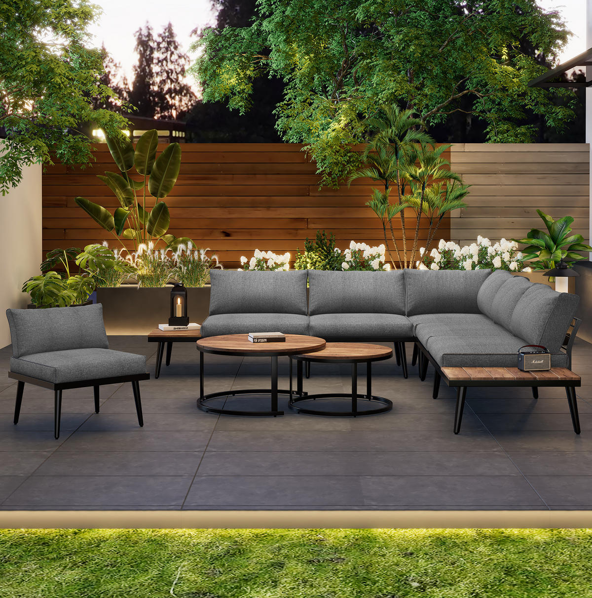 GARTENMÖBEL 160x64x75cm grau aus Stahl und Akazie, mit Kissen - Grau, Metall - Modfu