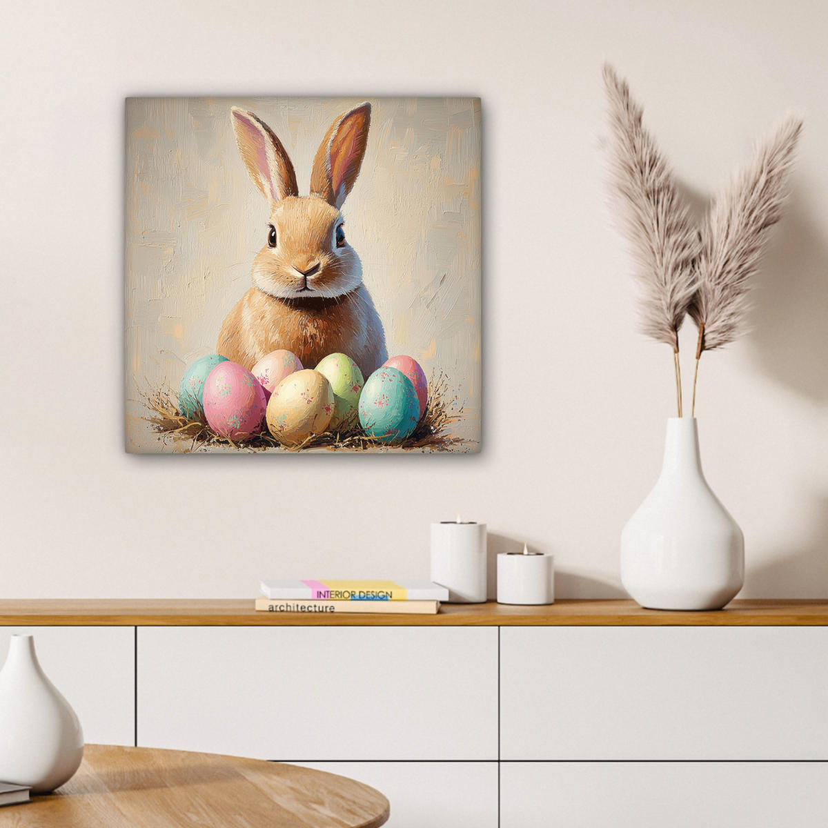 LEINWANDBILD Osterhase - Pastell - Eier Wandbild Wohnzimmer 50x50 cm - Beige, Textil (50/50cm) - MuchoWow