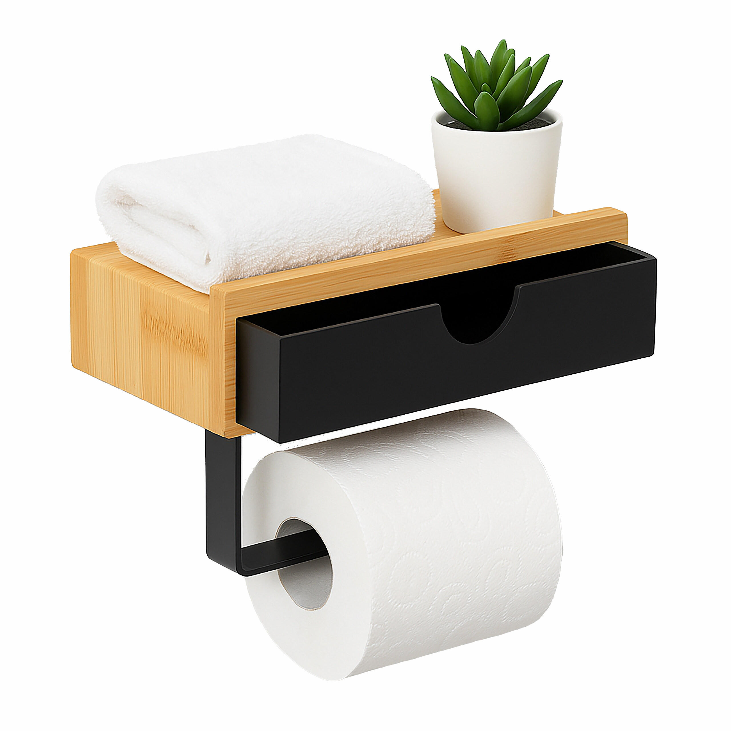 TOILETTENPAPIERHALTER Schwarz Natur Bambus Metall Wandmontage 13x18,5 cm - Multicolor, Holz/Kunststoff (18.5/13/10.5cm) - Relaxdays