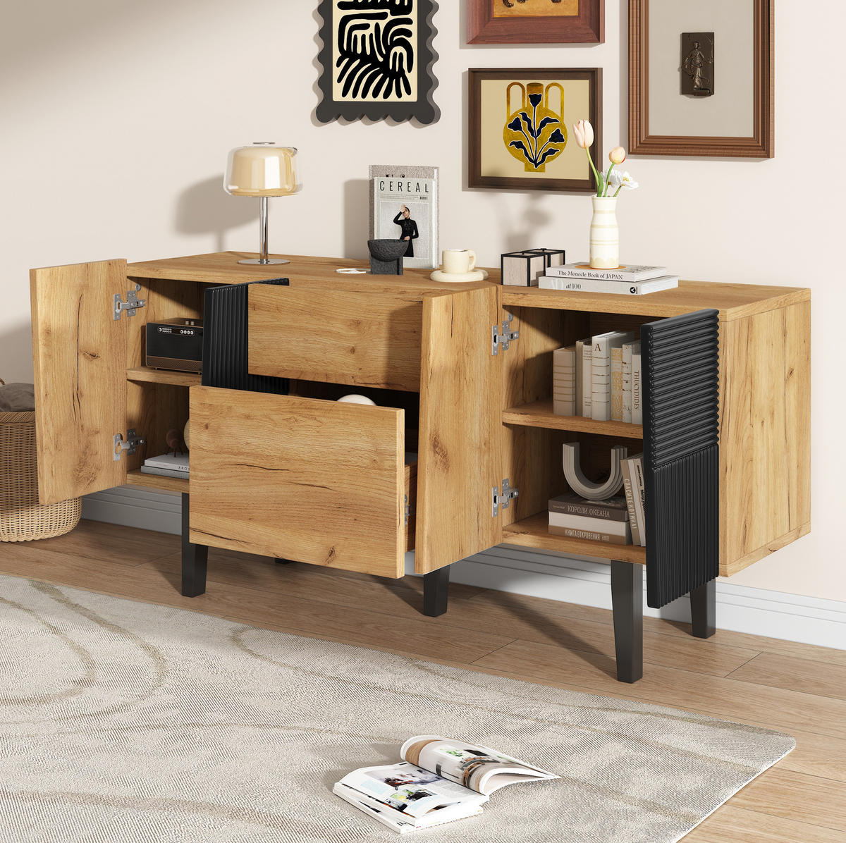 SIDEBOARD aus Spanplatte 40x140x70 cm Eichefarben mit 2 Schubladen, 4 Türen und höhenverstellbaren Einlegeböden - Eichefarben, Holzwerkstoff (40/70/140cm) - Modfu