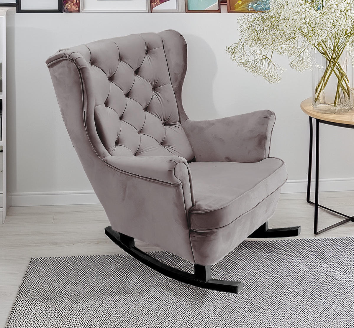 SCHAUKELSESSEL mit gepolstertem Sitz und Armlehnen, 102x81x95 cm, Grau_29841 - Schlammfarben/Schwarz, Holz/Textil (81/102/95cm) - DomoHome