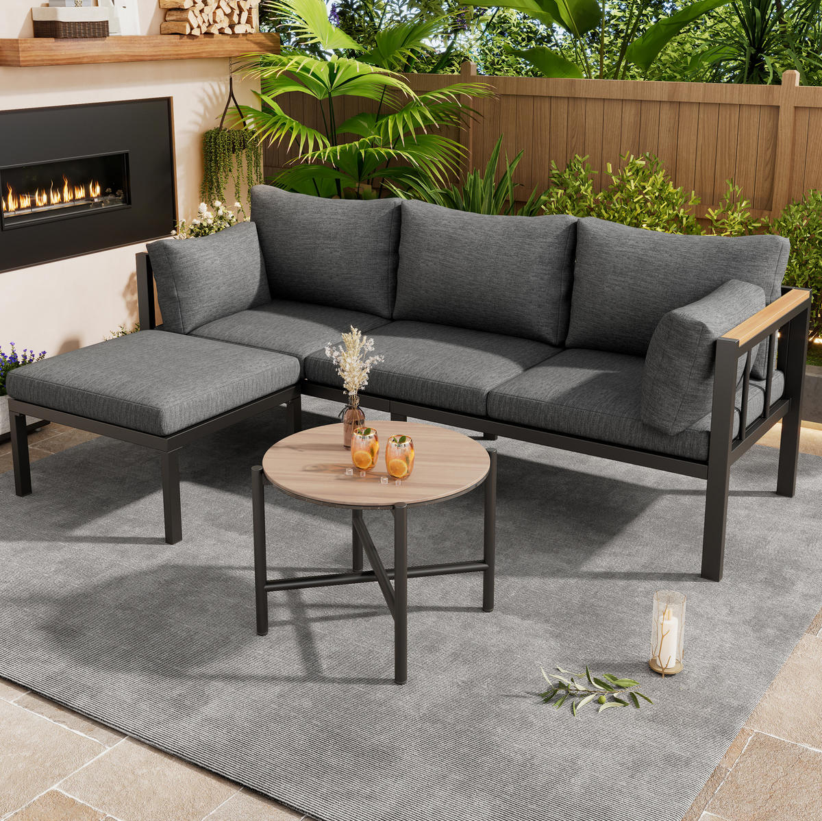 GARTENMÖBEL-SET 182/63/62 cm grau aus Polyester mit Couchtisch und Fußhocker - Grau, Textil - OKWISH