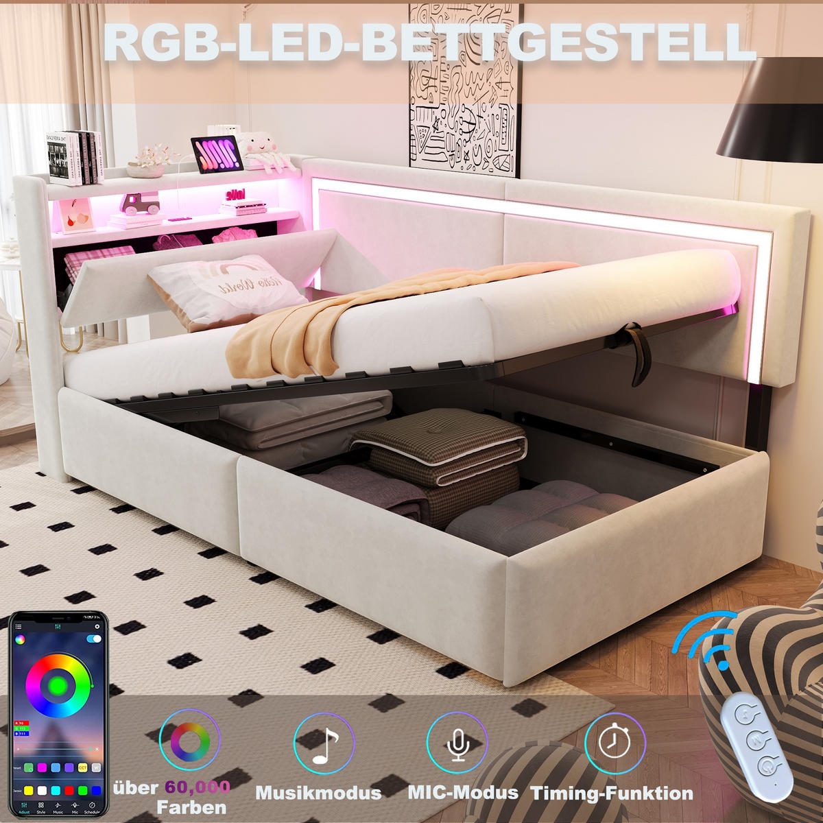 POLSTERBETT 90x200 Beige Samt LED Stauraum - Beige, Textil (90/200cm) - FLIEKS