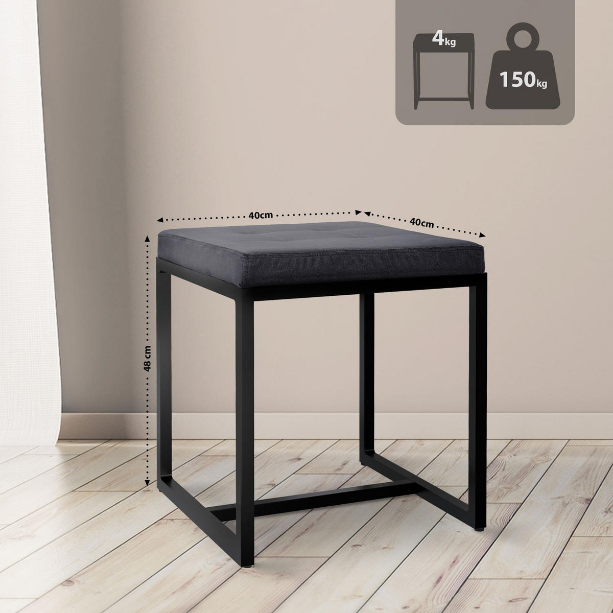 SITZWÜRFEL eckig 40/40/48 cm Samt schwarz - Schwarz, Textil/Metall (40/48/40cm) - CLP