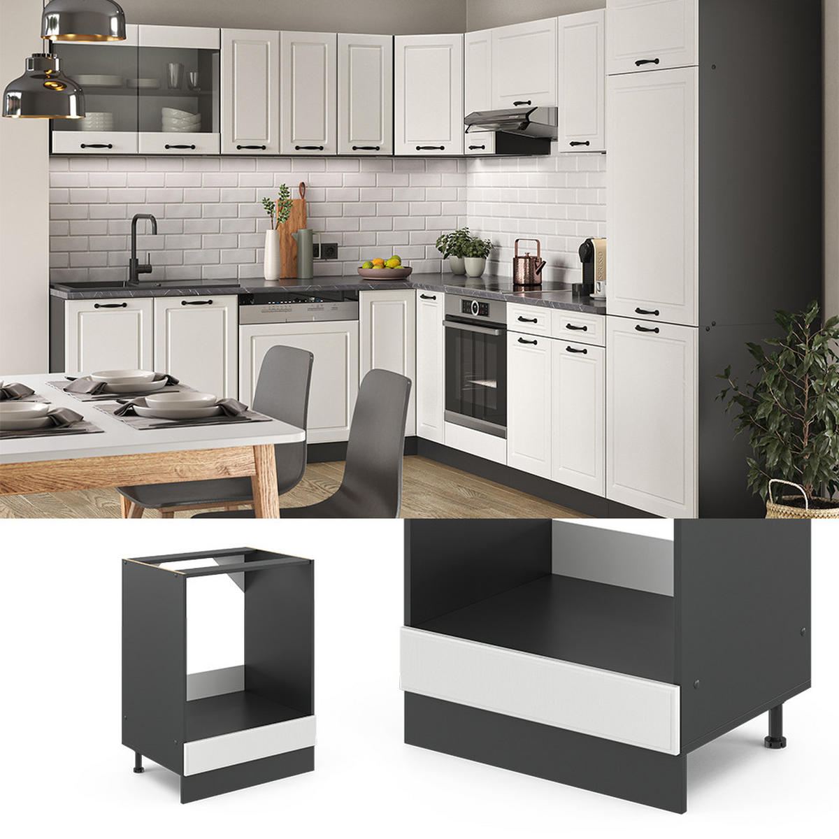 HERDUMBAUSCHRANK R-Line Weiß Landhaus 60 cm ohne Arbeitsplatte - Anthrazit/Weiß, Holzwerkstoff (60/81.6/46cm) - Vicco