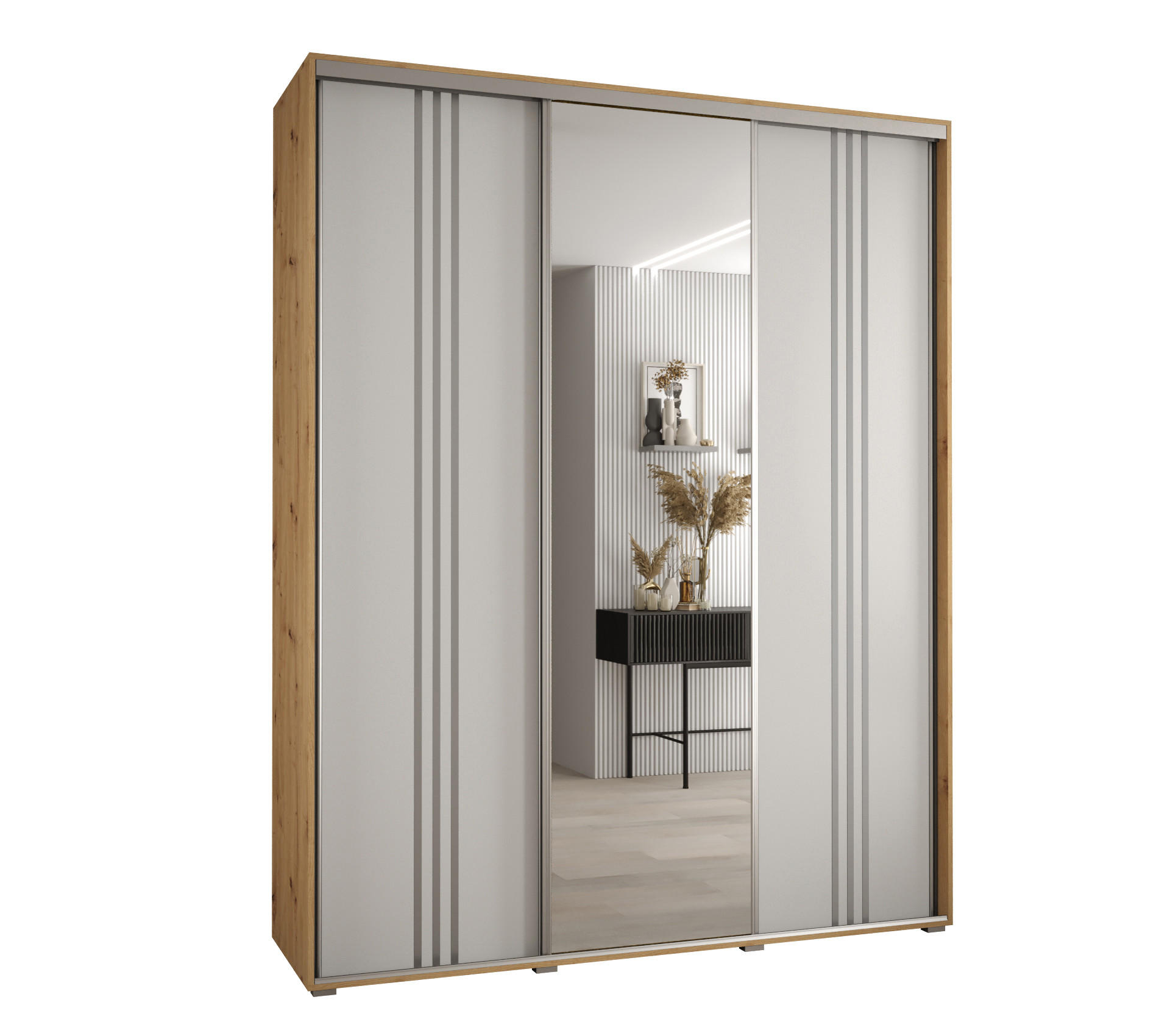 Abiks Möbel Schwebetürenschrank Eiche Artisan, Weiß, Silber 200x235x60 cm