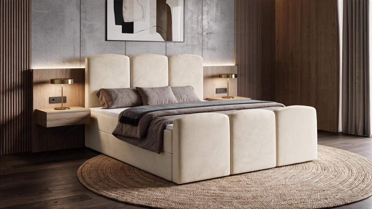 BOXBETT SAVIO 180x200 cm mit Bettkasten, Bonell-Matratze H3 und Topper – Samt Creme - Creme, Textil (180/200cm) - Luxkor24