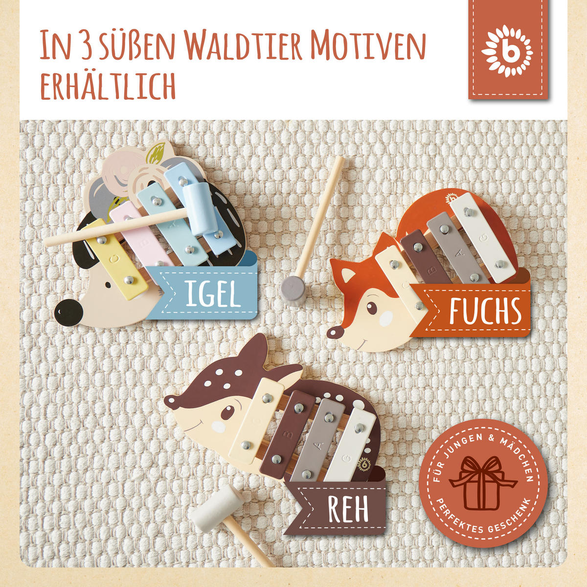 XYLOPHON Fuchs - ab 12 Monate - Multicolor, Holz (17/3/17.4cm) - Bieco Spielwaren