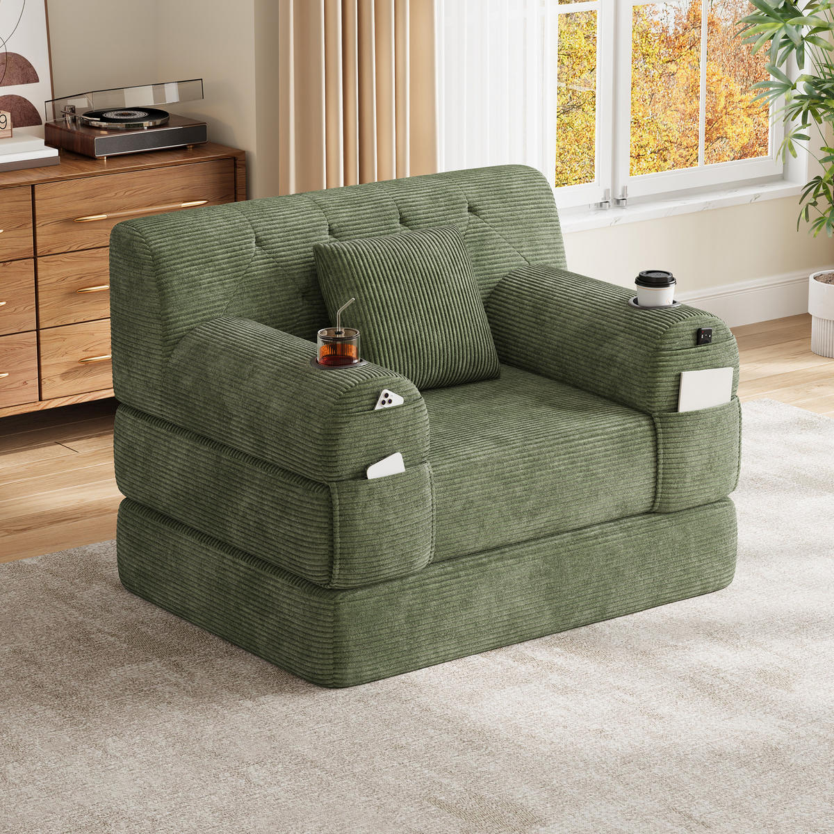 SCHLAFSESSEL Cord komprimiert, DE-42543, Grün - Grün, Metall (107/81/80cm) - ComfortXL