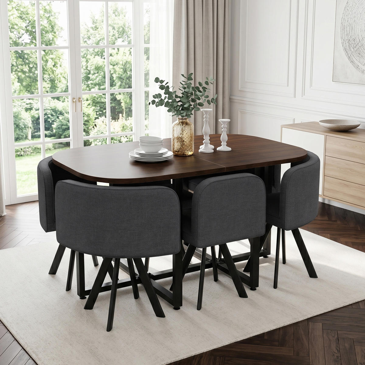 ESSTISCH SET 6 Personen 140x90cm Walnuss Grau Leinen - Walnussfarben/Grau, Holzwerkstoff (140/73/90cm) - FLIEKS