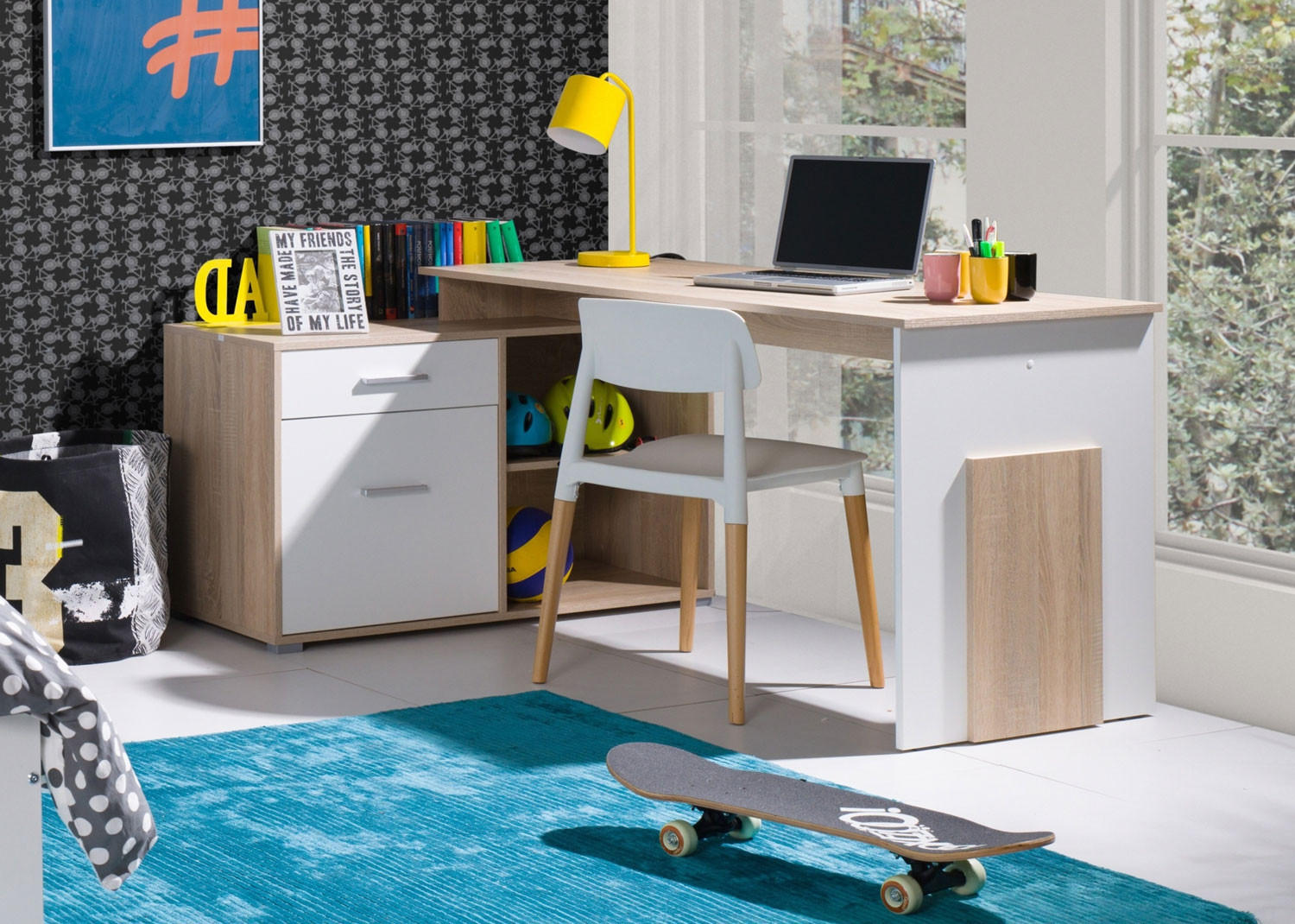 Thumbnail - Feldmann-Wohnen Eckschreibtisch, Weiß, Braun, Metall, 1 Fächer, 1 Schubladen, Rechteckig,Rechteckig, 168x76x110 cm, Arbe...