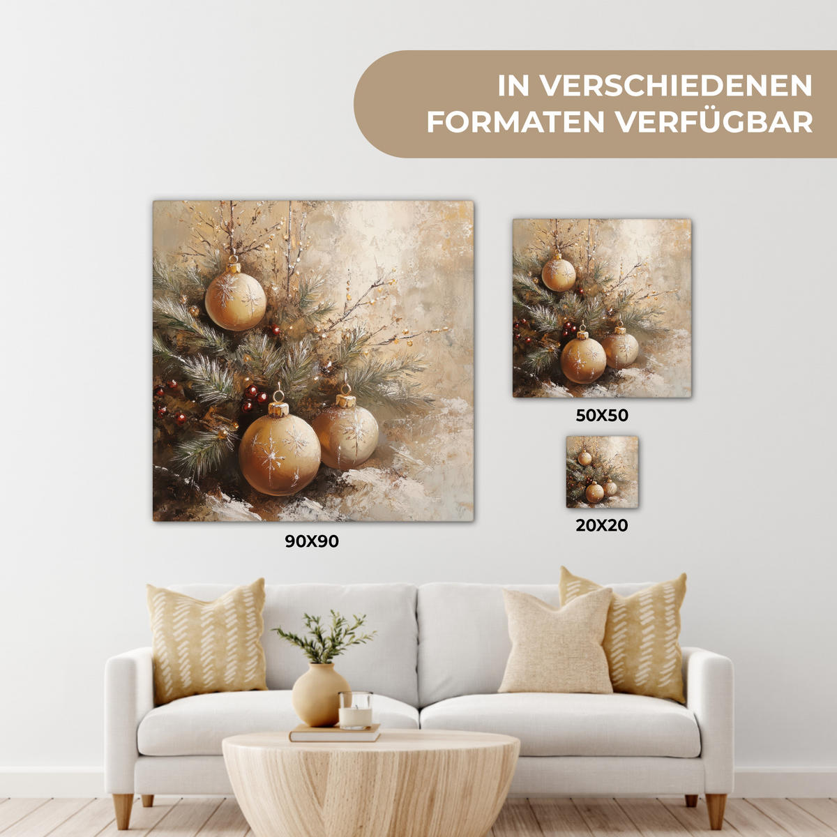 LEINWANDBILD Weihnachten - Kugeln - Beige - Gold 90x90 cm - Goldfarben, Textil (90/90cm) - MuchoWow