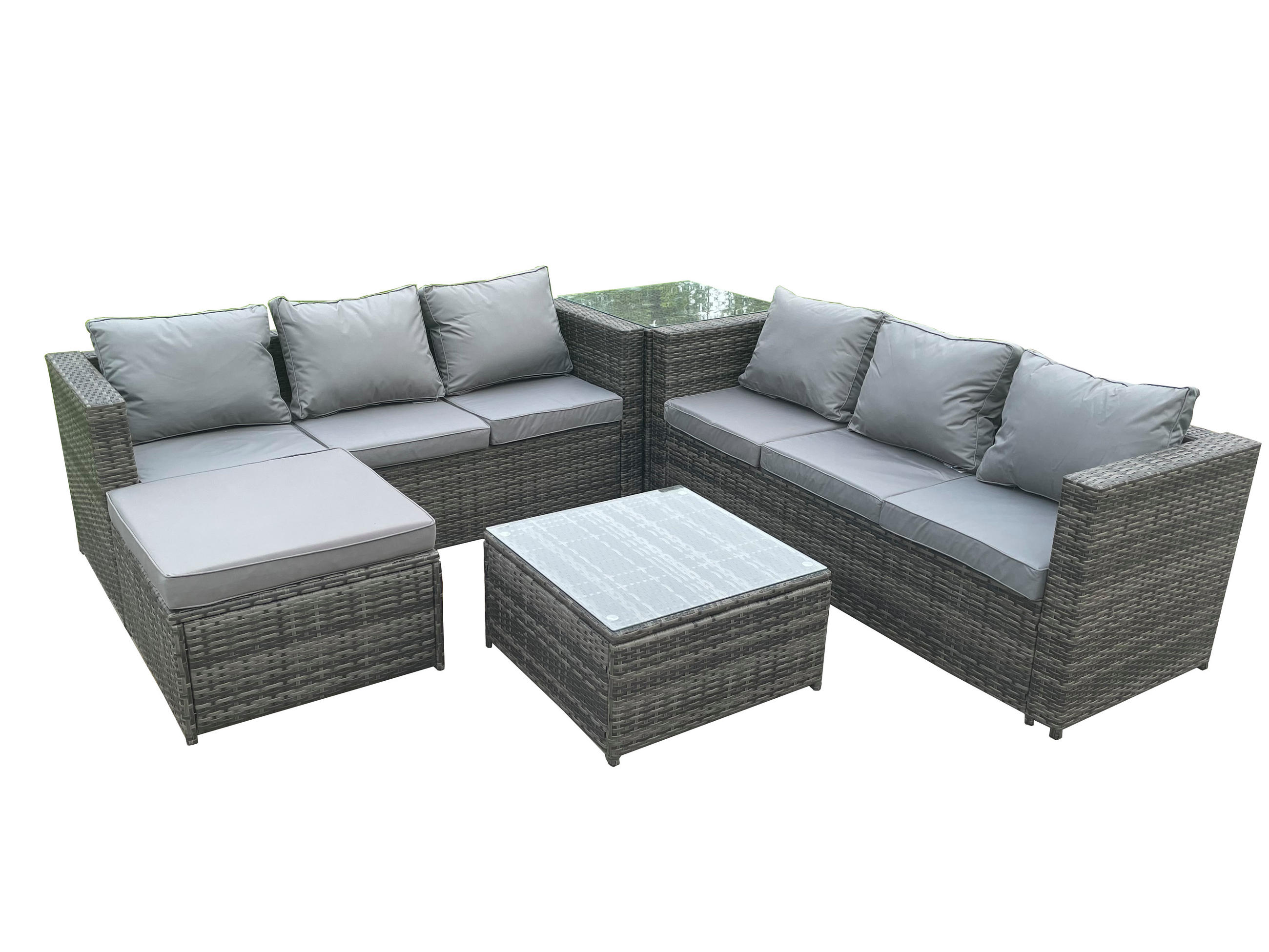 LOUNGESOFA Polyrattan 7-Sitzer - Dunkelgrau/Grau, Glas/Kunststoff - Fimous