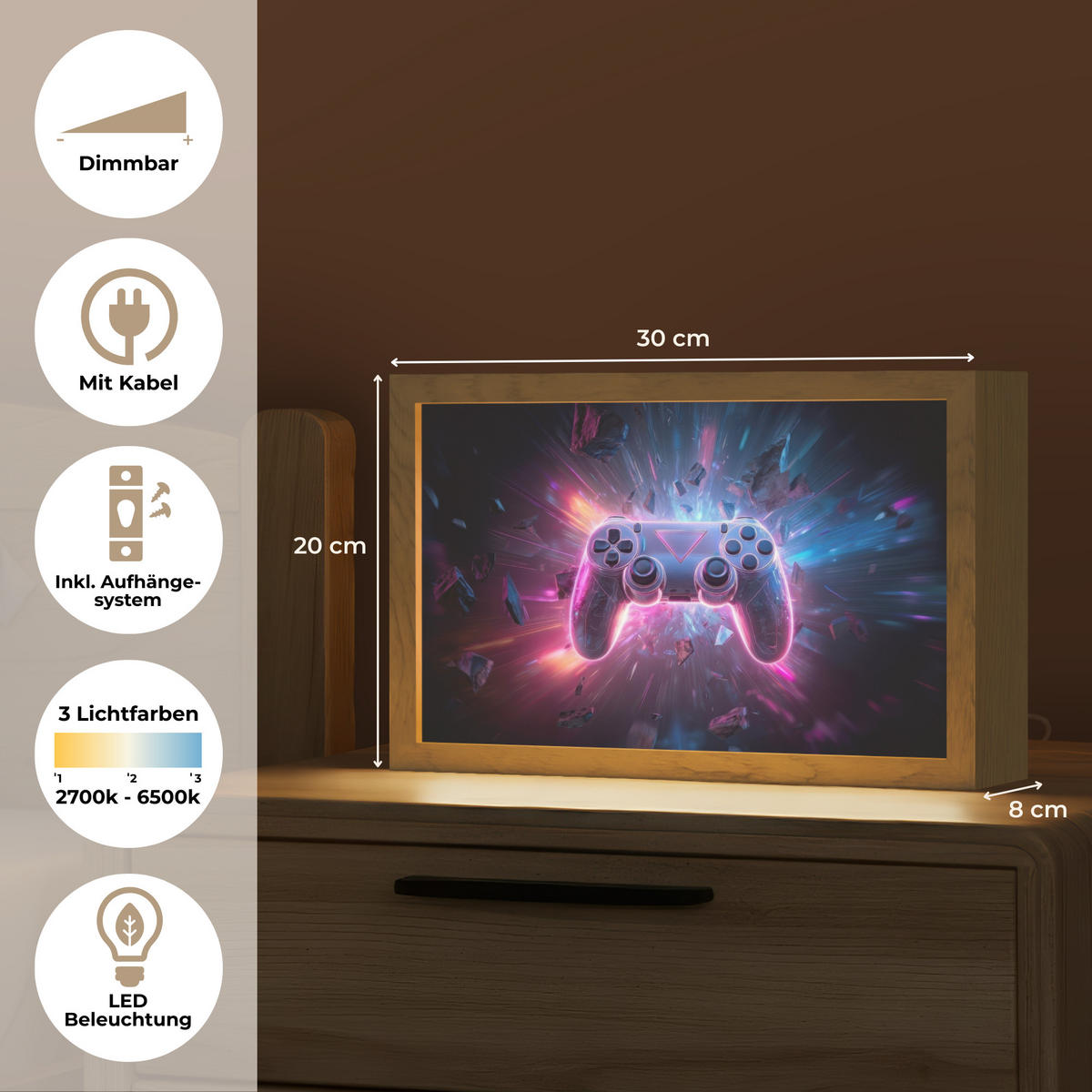 NACHTTISCHLAMPE Controller - Neon - Explosion - Abstrakt 30x20 cm - Violett, Holzwerkstoff (8/30/20cm)