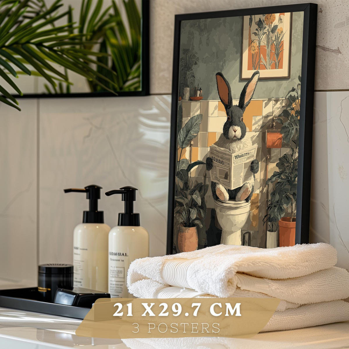 PLAKÁT Sada 3 obrazů zvířat v koupelně Černý rám A4 - černá, papír (29.7/21/3cm) - Nacnic