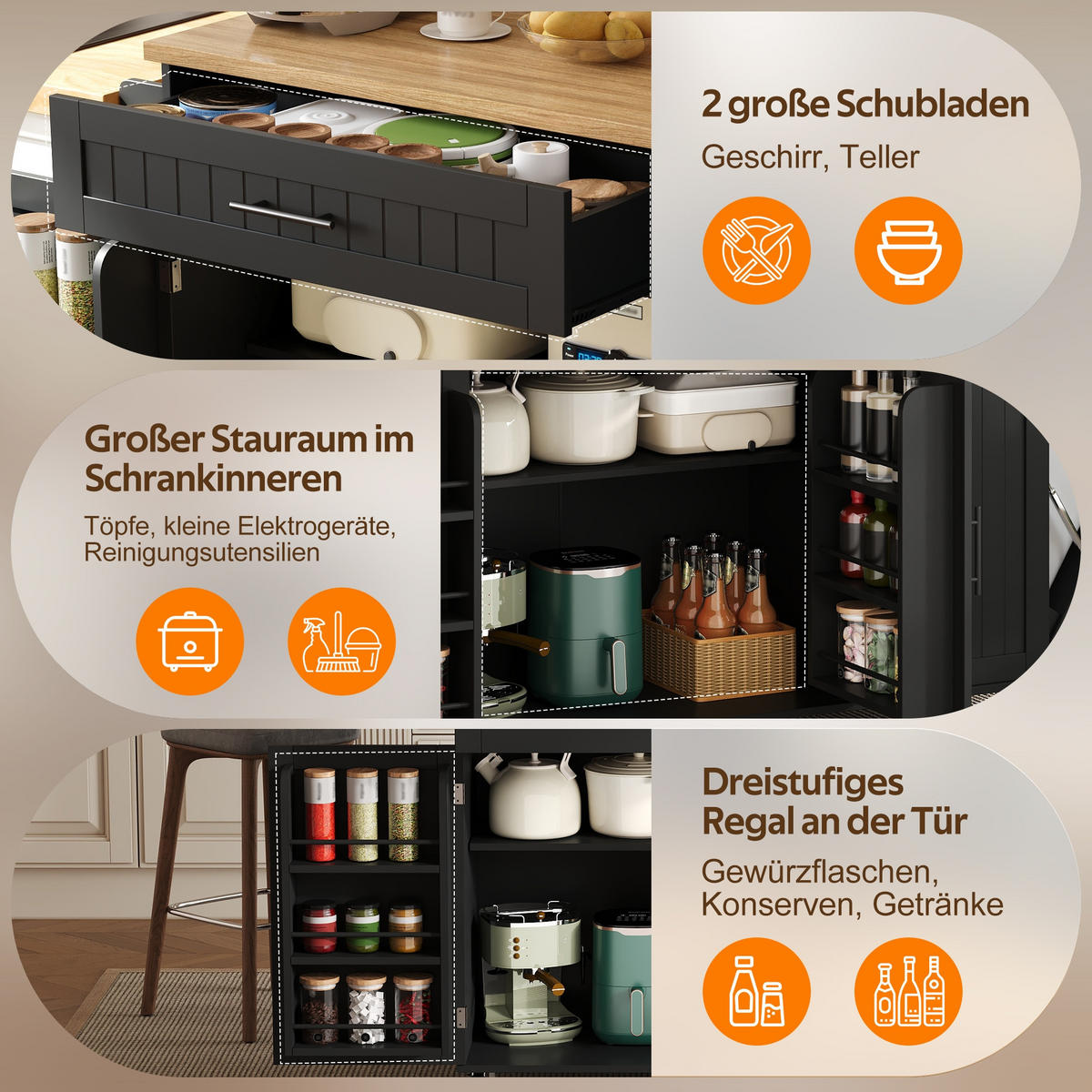 KÜCHENINSEL auf Rollen 130/45/93.3 cm Black mit klappbarer Arbeitsplatte, 1 Schublade und Mülleimerschrank - Schwarz, Holz/Holzwerkstoff (70/93/130cm) - Oxeza