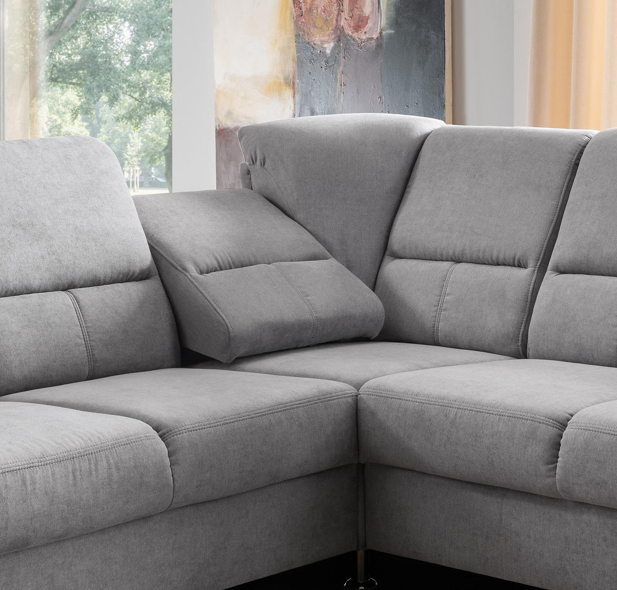 ECKSOFA mit gleichschenkligen Seitenlängen, Federkern - Chromfarben/Hellgrau, Textil/Metall (221/221cm) - myHomelando