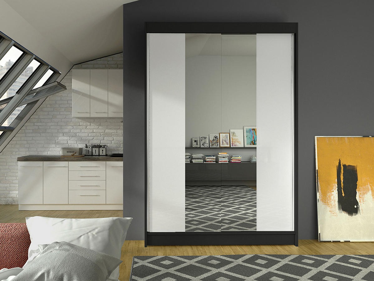 SCHWEBETÜRENSCHRANK Lino II - Schwarz/Weiß, Holzwerkstoff/Metall (120/200/58cm) - MIRJAN24