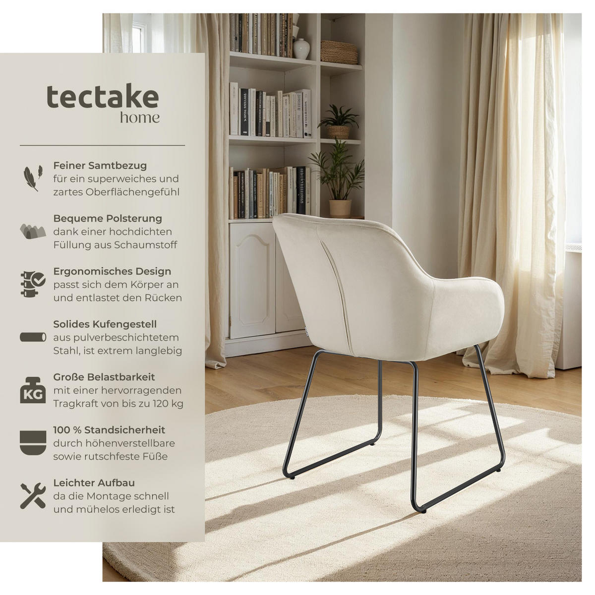 ESSZIMMERSTUHL Jeane,57 x 61 x 85,5 cm, Belastbarkeit 120 kg,Samtoptik creme/schwarz - Schwarz/Samtahornfarben, Kunststoff (57/85.5/61cm) - tectake