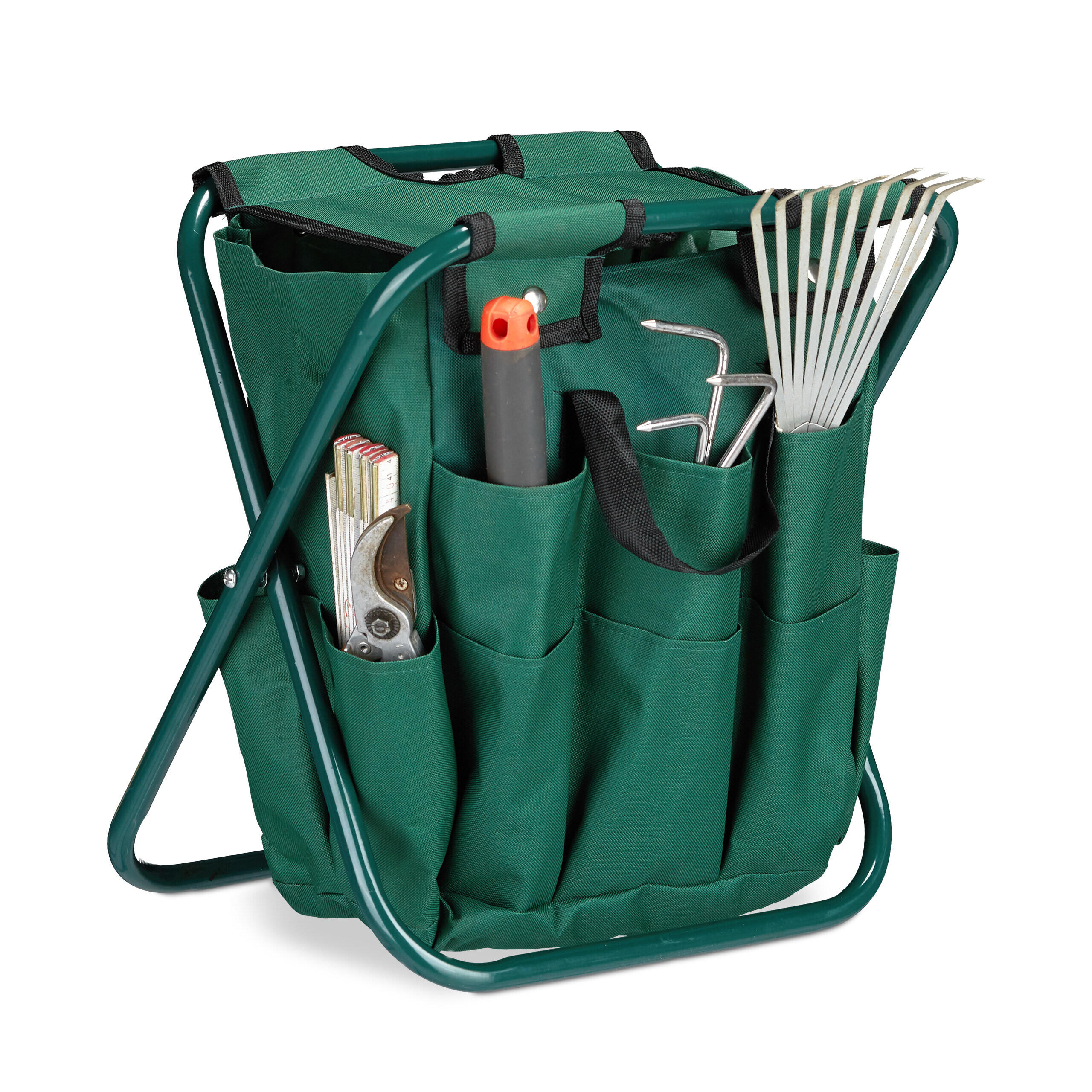 HOCKER Dunkelgrün klappbar mit Werkzeugtasche 16 Taschen - Dunkelgrün, Textil/Metall (30/42/39cm) - Relaxdays