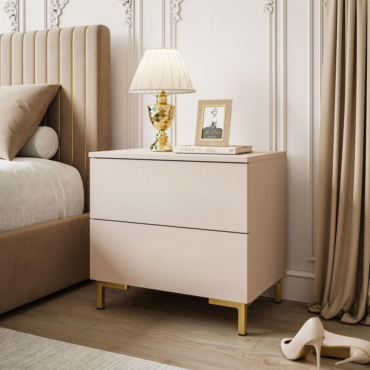 NACHTTISCH LINA KASCHMIR mit LED-Beleuchtung, goldenen Beinen - Kaschmir, Holzwerkstoff (55/52/37cm) - Lookway