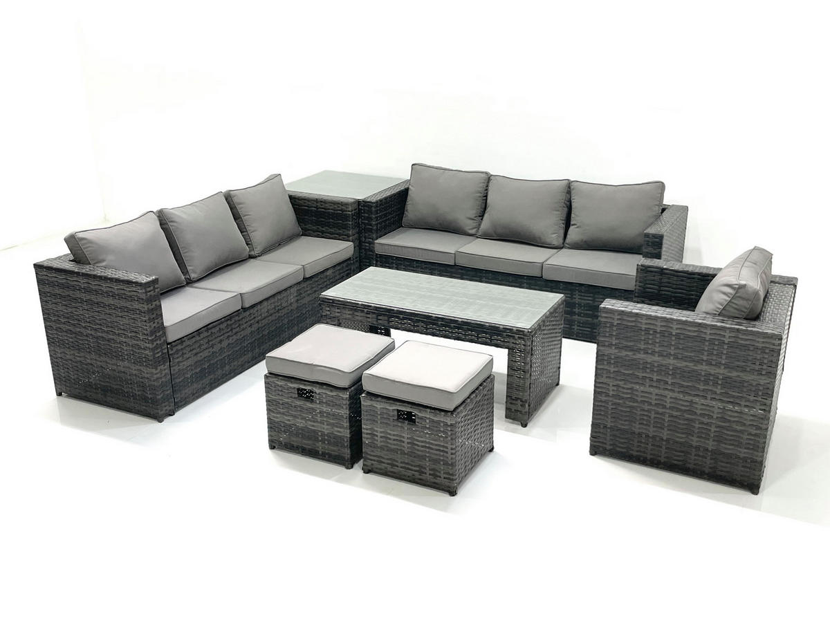 GARTENMÖBEL-SET COUCHTISCH SESSEL SOFA mit HOCKER Polyrattan Dunkelgrau Gemischt 9-Sitzer - Dunkelgrau/Grau, Glas/Kunststoff - Fimous