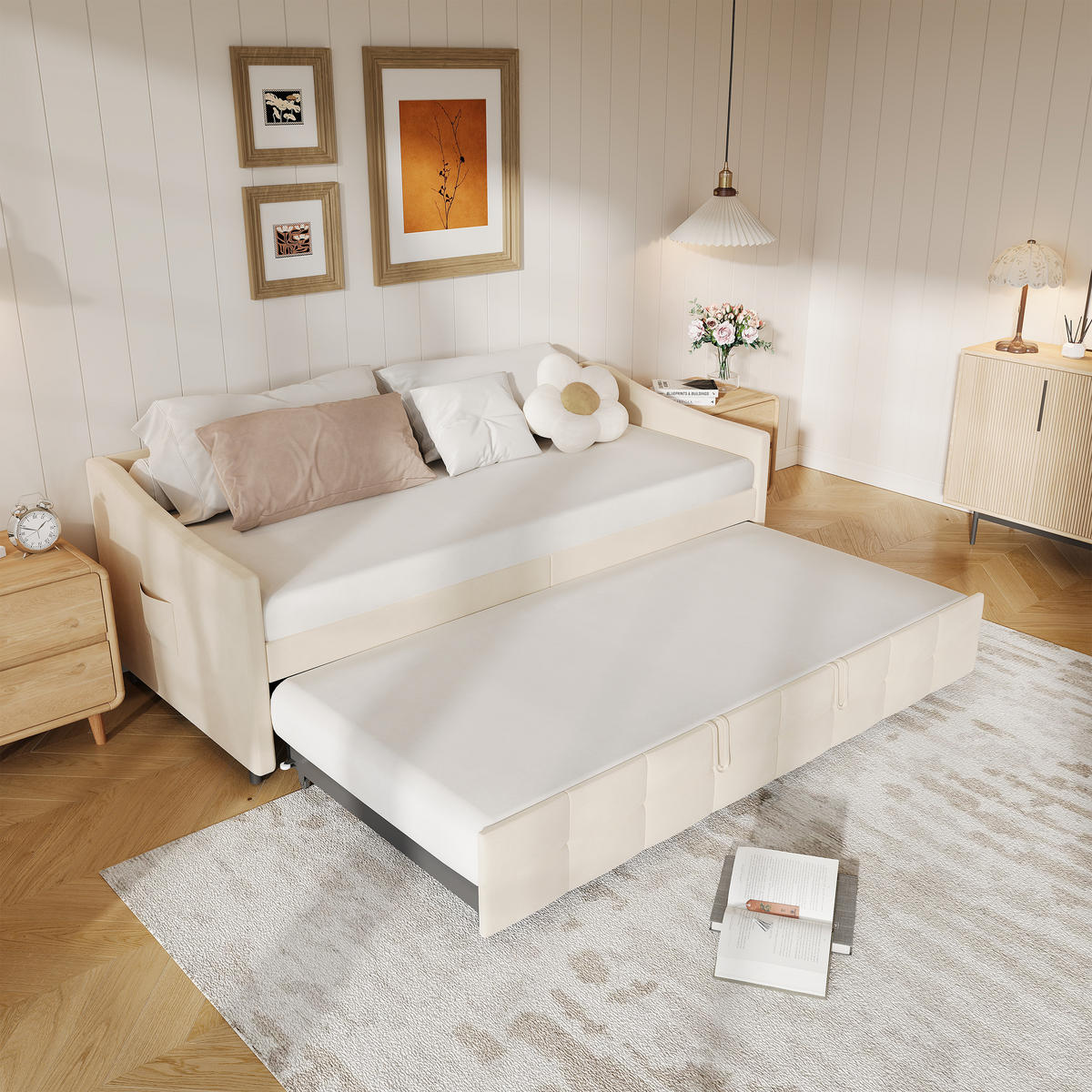 POLSTERBETT 90/180x200 cm Seitentaschen abnehmbar Samt beige - Beige, Holz (90/200cm) - Fortuna Lai