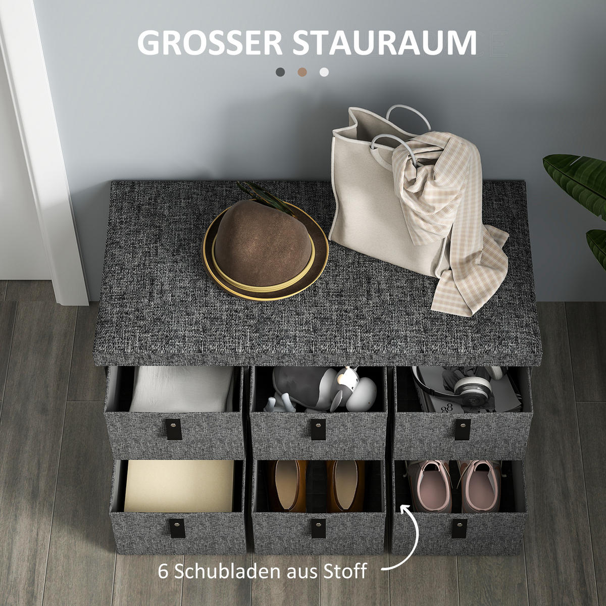 SCHUHBANK mit 6 Boxen, Dunkelgrau, 76,5 x 38 x 38 cm - Dunkelgrau, Textil (76.5/38/38cm) - HOMCOM