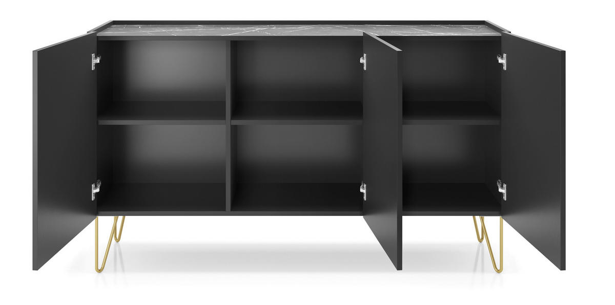KOMMODE 144 Olven 3 Türen, goldene Beine, Schwarz - Goldfarben/Schwarz, Holz/Metall (144/83/37cm) - Emporius