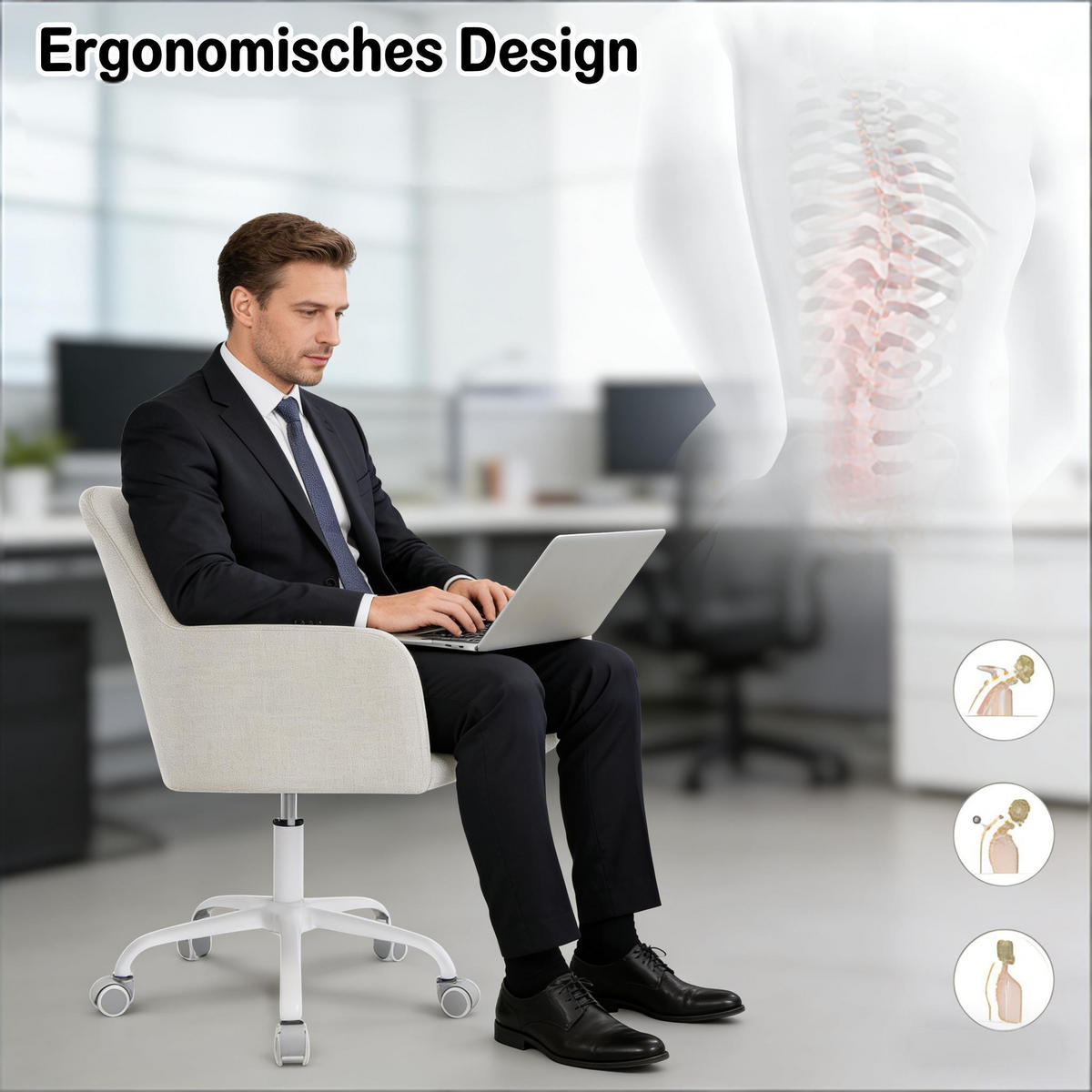 DREHSTUHL mit Rollen ergonomische Rückenlehne 45 bis 52,5 cm - Weiß, Leder (58.5/80/58cm) - Gisaae
