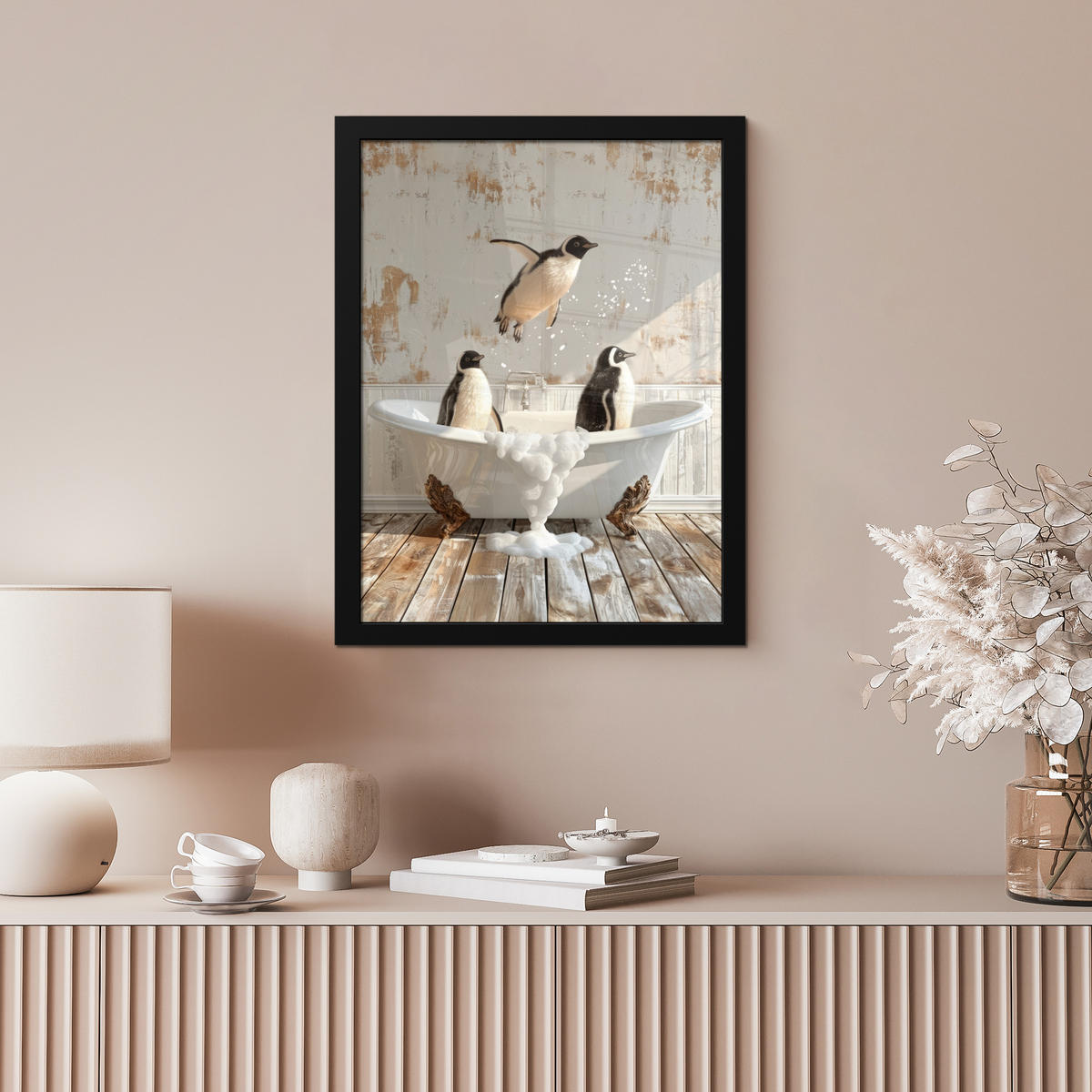 GERAHMTES BILD Vintage - Pinguin - Badewanne - Schaumstoff 30x40 cm - Schwarz, Papier (30/40cm) - MuchoWow