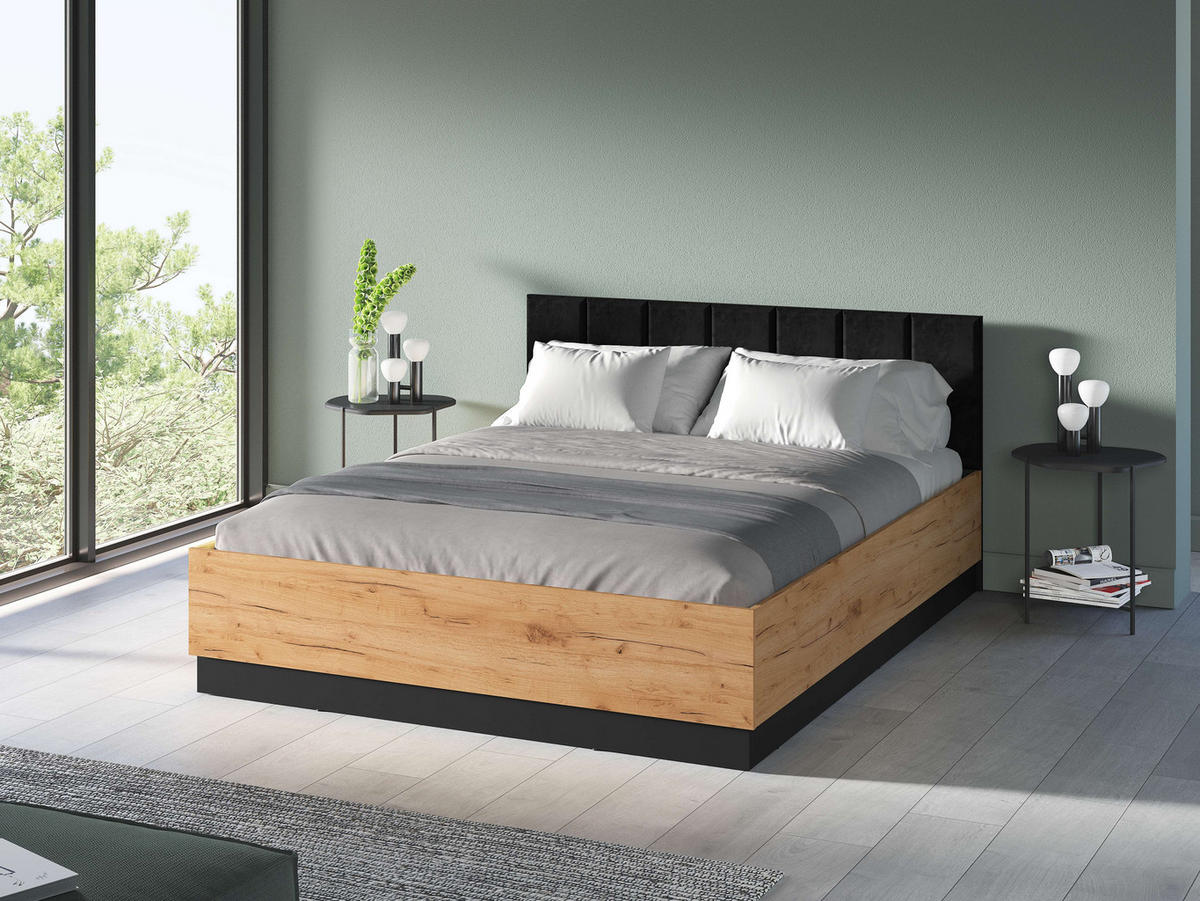 RAHMENBETT – 165 x 208 cm – Urso – BT-004 - Eichefarben/Schwarz, Holzwerkstoff - hi-markt