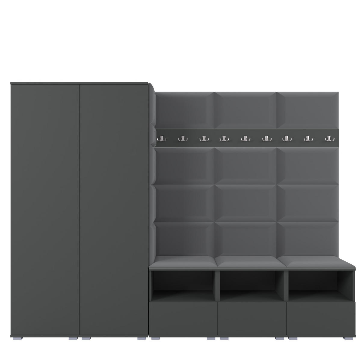 GARDEROBE NELA VII 250 cm (Modulare Flurmöbel XL Graphit mit Sitzpolster Dunkelgrau 15 2 Schränke) - Dunkelgrau/Silberfarben, Holz/Holzwerkstoff (250/187/40cm) - Ravio