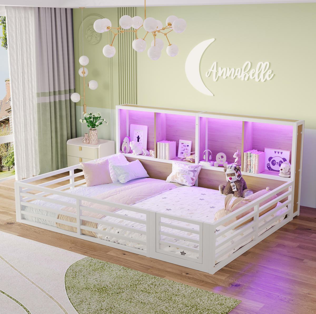 KINDERBETT aus Metall und MDF 140x200 cm Weiß mit Ablagefächern, LED-Beleuchtung und Lattenrost - Weiß, Metall (140/200cm) - IVMEU