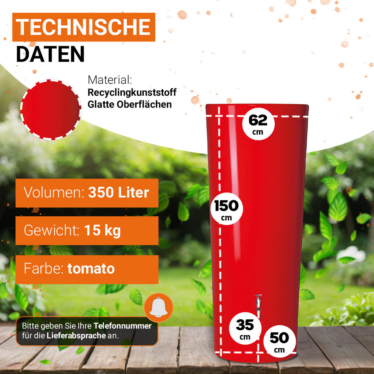 2IN1 Regentonne 350 L, tomato - Rot, Kunststoff (62/150/62cm) - GARANTIA