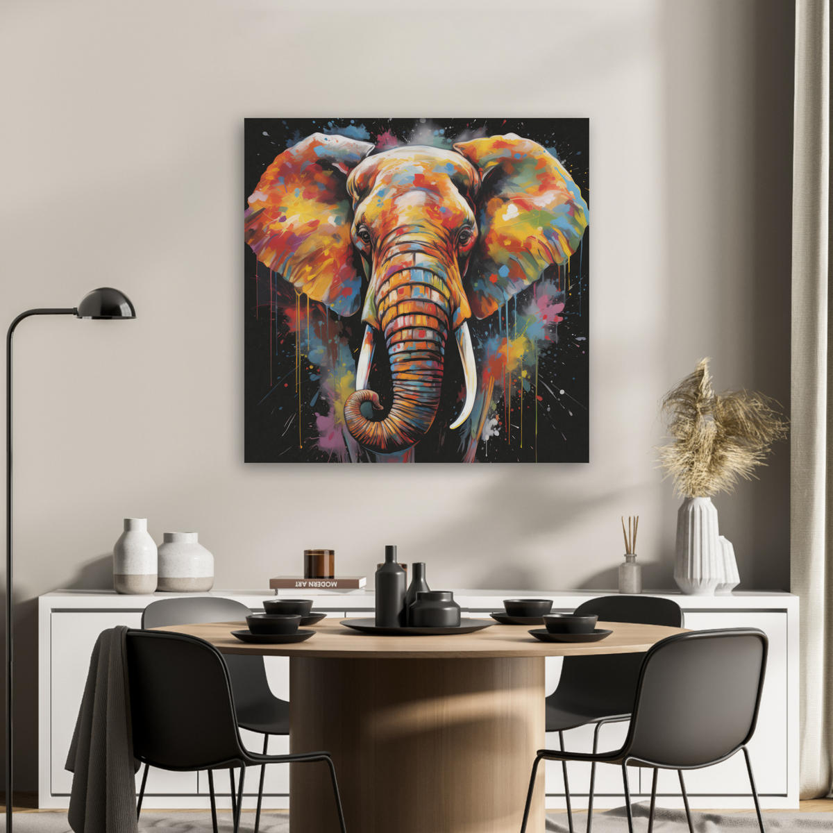AKUSTIKBILD Elefant - Graffiti - Schwarz - Tiere - Farben Akustikpaneele 80x80 cm - Schwarz, Kunststoff (80/80/0.9cm) - MuchoWow