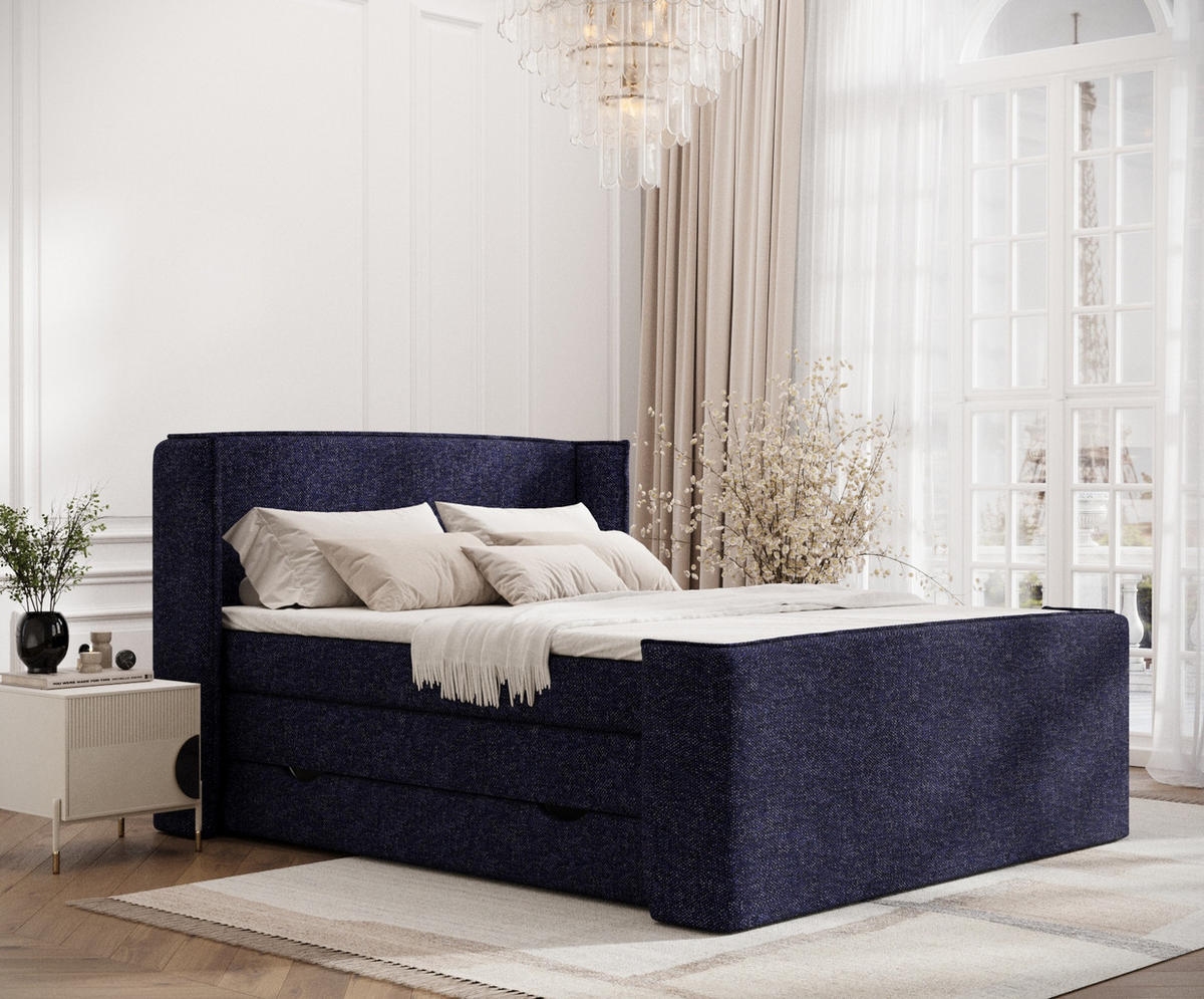 BOXSPRINGBETT Freeland Marineblau 140/200 cm mit Matratze und Topper - Schwarz/Dunkelblau, Holz/Holzwerkstoff (140/200cm) - Maison de Reve