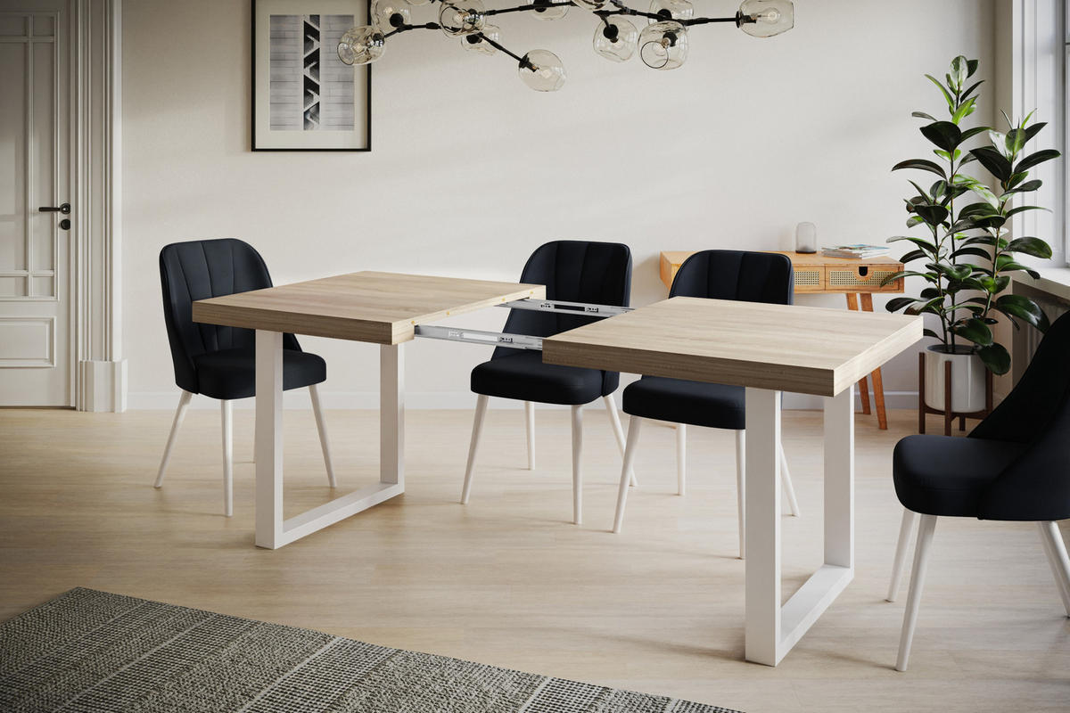 ESSZIMMERTISCH LOFT-U, ausziehbarer Tisch 120-220X80X77 cm, Farbe: SONOMA, mit Metallbeinen in Farbe Weiß - Weiß/Sonoma Eiche, Holzwerkstoff (120/80/77cm) - Alpi-Möbel